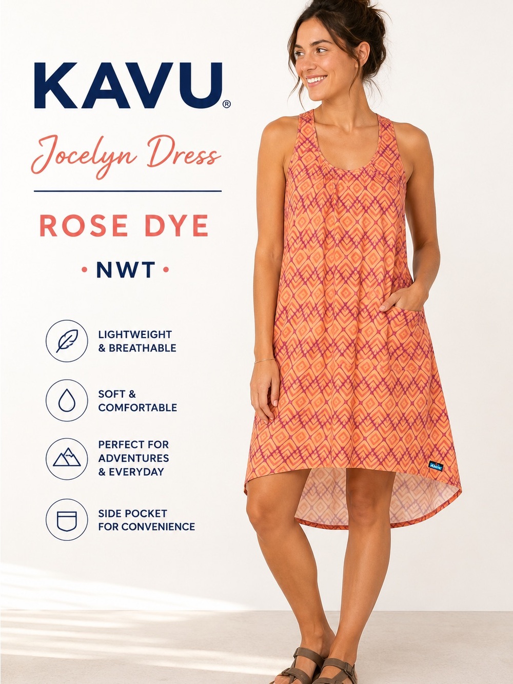KAVU Jocelyn Dress Rose Dye XS NWT Sleeveless Racerback Travel Dress w/ Pocket